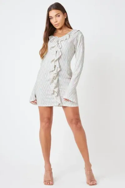 Creea The Label Long Sleeve Print Ruffle Mini Dress In Stone