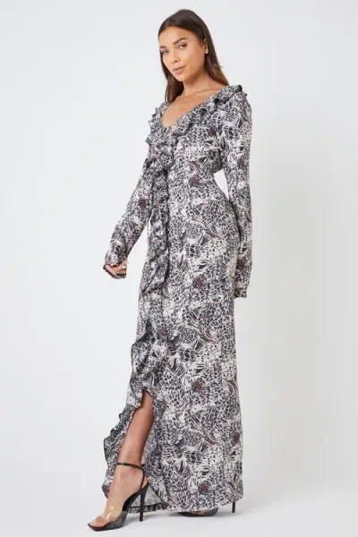 Creea The Label Long Sleeve Ruffle Print Maxi Dress In Leopard