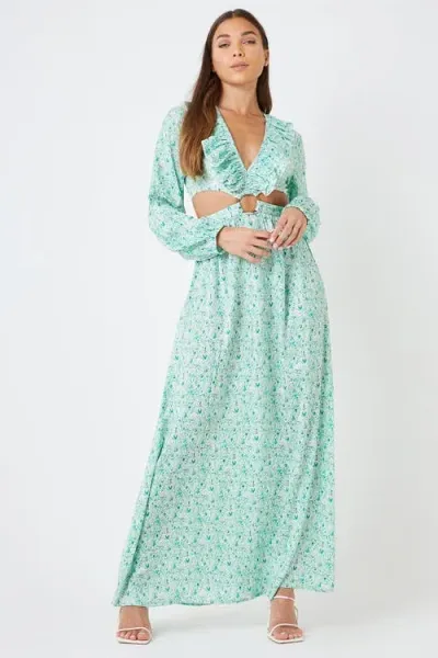 Creea The Label Plunge Neck Print Maxi Dress In Green