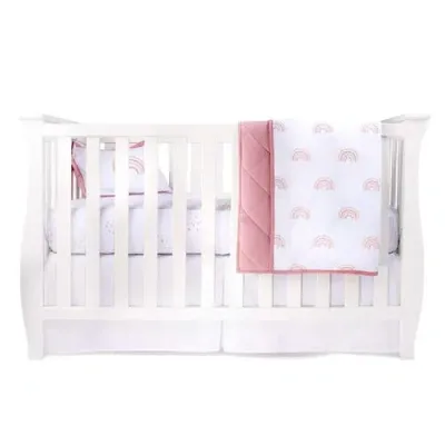 Crib Set Baby Crib Bedding Sets Includes Crib Sheet, Quilted Blanket, Crib Skirt, And Baby Pillowcas In Dusty Pink Rainbow