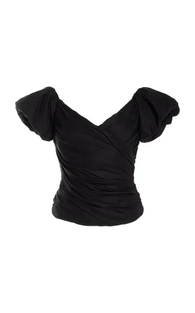 Cult Gaia Helene Ruched Linen-blend Off-the-shoulder Top In Black