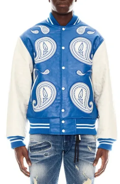 Cult Of Individuality Paisley Appliqué Varsity Jacket In Royal Blue