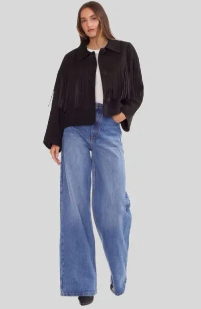 Cynthia Rowley Cropped Fringe Suede Jacket In Black