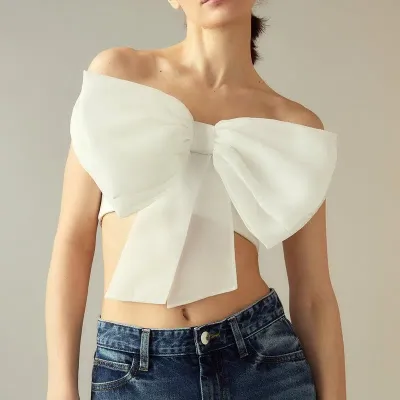 Cynthia Rowley Women's Organza Bow Bandeau Crop Top In White