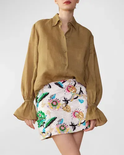 Cynthia Rowley Embroidered Sequin Satin Mini Skirt In White Multi