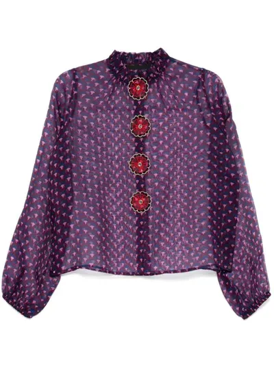 Cynthia Rowley Floral-buttons Silk Blouse In 紫色