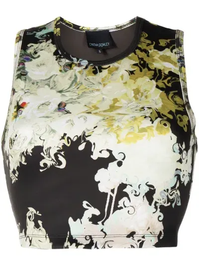 Cynthia Rowley Floral-print Cropped Tank Top In Schwarz