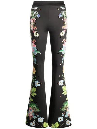 Cynthia Rowley Floral Rivet Detail Flare Leg Pants In Black Multi