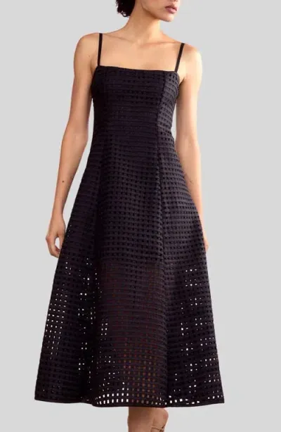 Cynthia Rowley Lattice Spaghetti Straps Midi Dress In Black