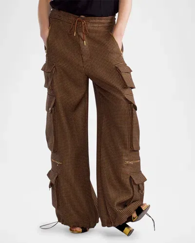 Cynthia Rowley Wide-leg Houndstooth Cargo Pants In Black/brown