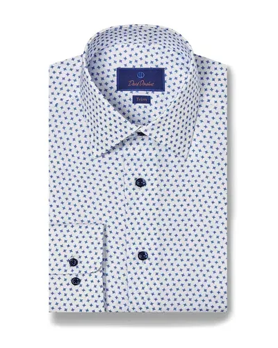 David Donahue Cotton Geo Print Trim Fit Dress Shirt In White/blue