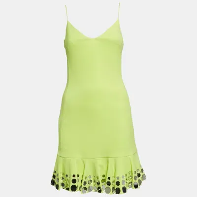 Pre-owned David Koma Neon Green Mirror Embellished Jersey Flutter Mini Dress S