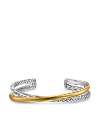 David Yurman 14kt Yellow Gold Crossover Two Row Cuff Bracelet In Silver