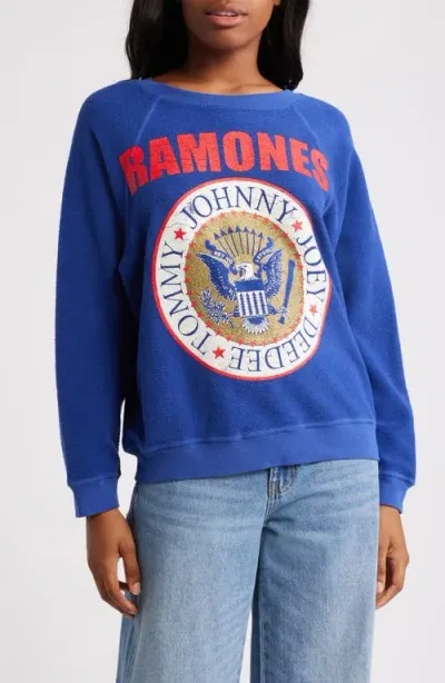 Daydreamer Ramones Reverse Cotton Terry Graphic Sweatshirt In Blue Quartz