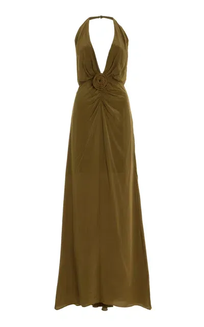 De La Vali Violetta Rosette Crepe De Chine Maxi Halter Dress In Green