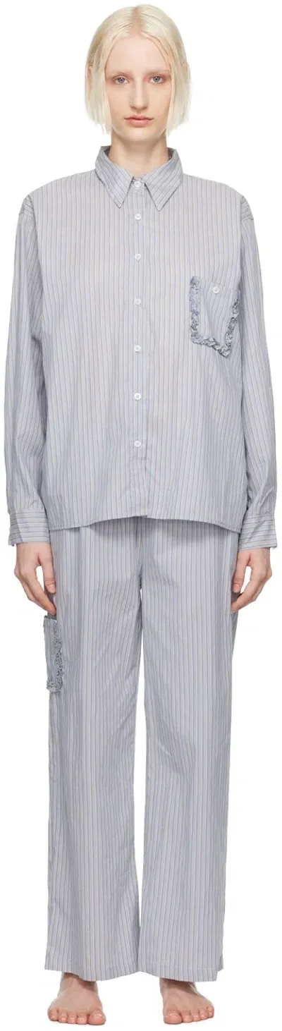 Deiji Studios Blue Cotton Pyjama Set In Glacier Stripe