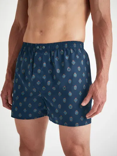 Derek Rose Men's Classic Fit Boxers Cotton Batiste Navy Badge Print