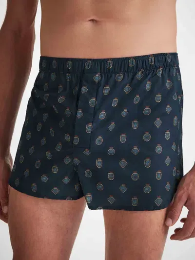 Derek Rose Men's Modern Fit Boxers Cotton Batiste Navy Badge Print