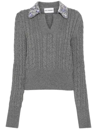 Des Phemmes Embellished Cable Knit Polo Sweater In Grau