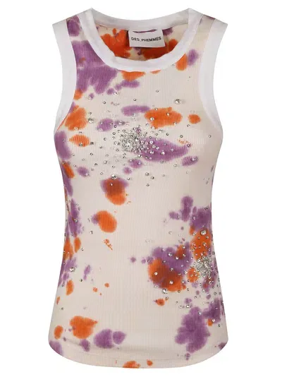 Des Phemmes Tie Dye Splash Embroidery Tank Top In White,orange