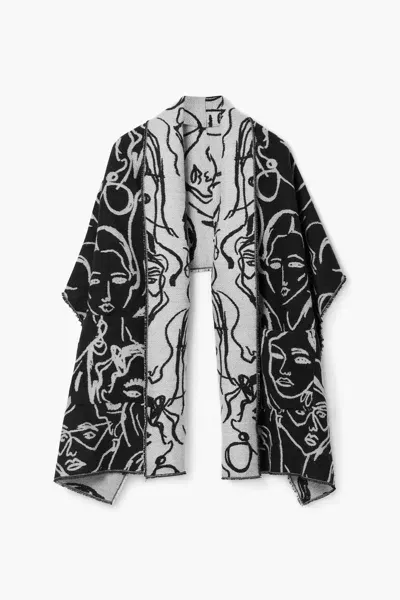 Desigual Long Scarf With Faces In Black