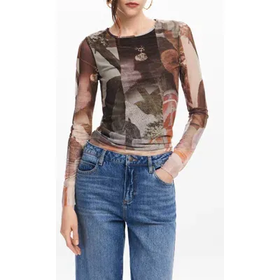 Desigual Carson Print Mesh Long Sleeve Top In Brown