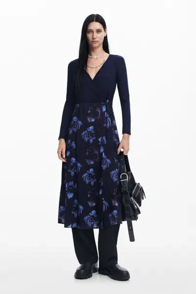 Desigual Combined Midi Dress In Blue