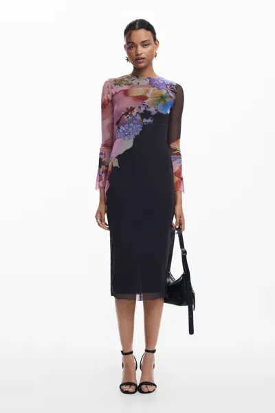 Desigual Floral Midi Dress In Black