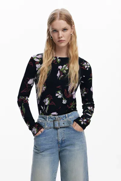 Desigual Floral T-shirt In Black