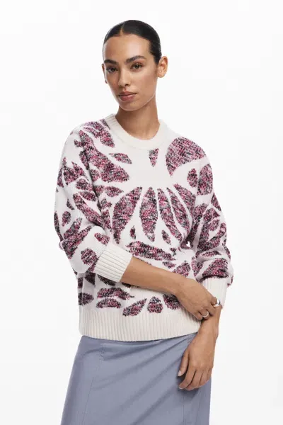 Desigual Leaf Print Sweater In Material Finishes