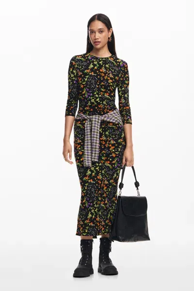 Desigual Slim Floral Dress In Black