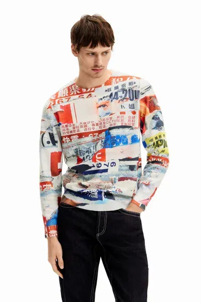 Desigual Sweatshirt With Japanese Magazine Print In White