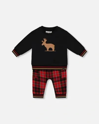 Deux Par Deux Baby Boy's Fleece Sweatshirt And Pant Set Plaid Black And Red In Anthracite