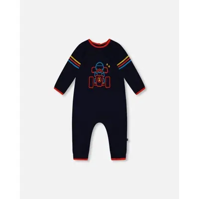 Deux Par Deux Baby Boy's Knitted Jumpsuit With Karting Jacquard Navy In Peacoat