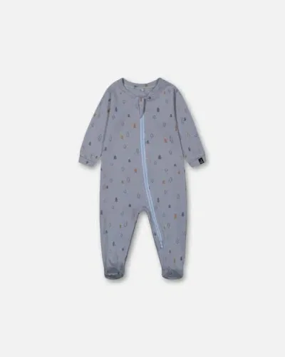 Deux Par Deux Baby Boy's Organic Cotton One Piece Pajama Air Blue Printed Trees In Printed Light Blue Pine