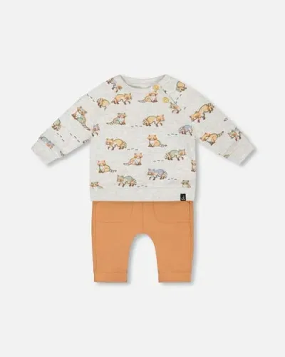 Deux Par Deux Baby Boy's Organic Cotton Top And Pant Set Beige Mix Printed Racoon And Hazel In Printed Raccon