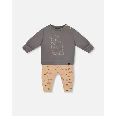 Deux Par Deux Baby Boy's Organic Cotton Top With Printed Mountains Pant Set Dark Gray In Printed Bear & Mountains