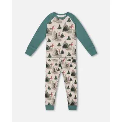 Deux Par Deux Baby Boy's Organic Cotton Two Piece Pajama Set Gray Mix And Green Printed Reindeer In Printed Christmas Deer