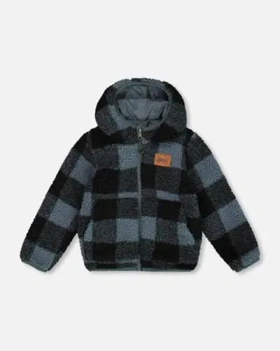 Deux Par Deux Baby Boy's Reversible Soft Fleece Jacket Blue And Black Plaid In Onion Blue