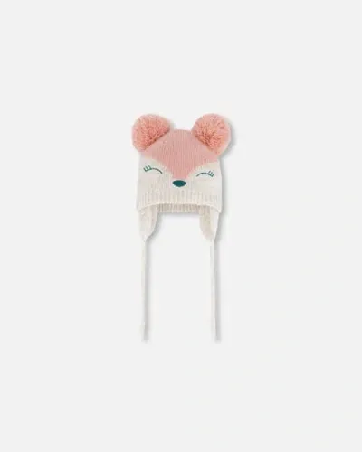 Deux Par Deux Baby Girl's Knit Hat With Ears Light Pink Deer Face In Pink Fox