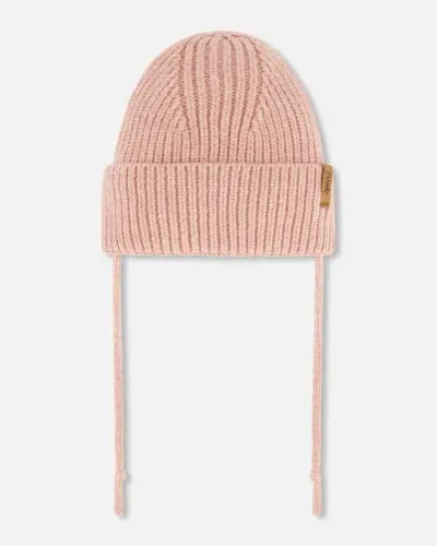 Deux Par Deux Baby Girl's Mid-season Knit Hat With Strings Dusty Pink In Cameo Brown