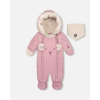 Deux Par Deux Baby Girl's One Piece Baby Bear Face Snowsuit Orchid Designed For Car Seat In Orchid Haze