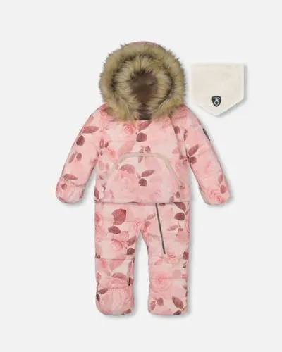 Deux Par Deux Baby Girl's One Piece Baby Hooded Snowsuit Printed Roses Designed For Car Seat In Printed Tonal Roses