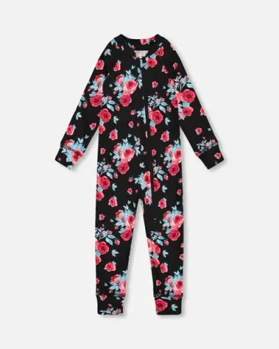 Deux Par Deux Baby Girl's One Piece Thermal Underwear Black Printed Roses