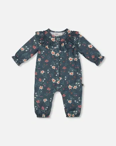 Deux Par Deux Baby Girl's Printed Muslin Jumpsuit Teal With Flowers In Printed Edelweiss