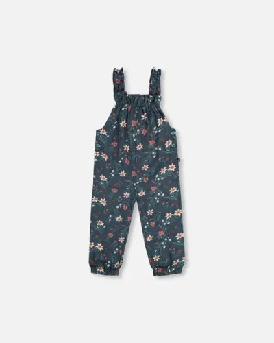 Deux Par Deux Baby Girl's Printed Muslin Overall Teal With Flowers In Printed Edelweiss