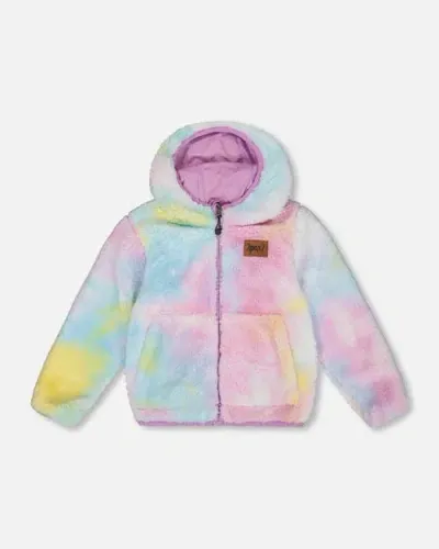 Deux Par Deux Baby Girl's Reversible Plush Jacket Lilac Tie Dye In Lupine