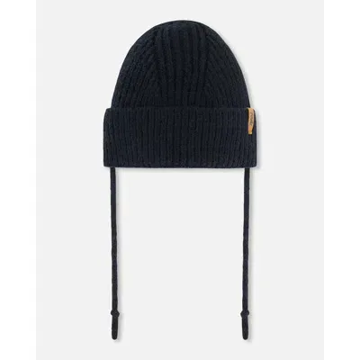 Deux Par Deux Kids'  Baby Unisex Mid-season Knit Hat With Strings Black In Anthracite