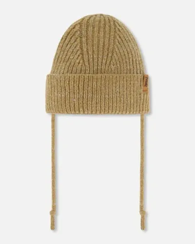 Deux Par Deux Kids'  Baby Unisex Mid-season Knit Hat With Strings Taupe In Pine Bark