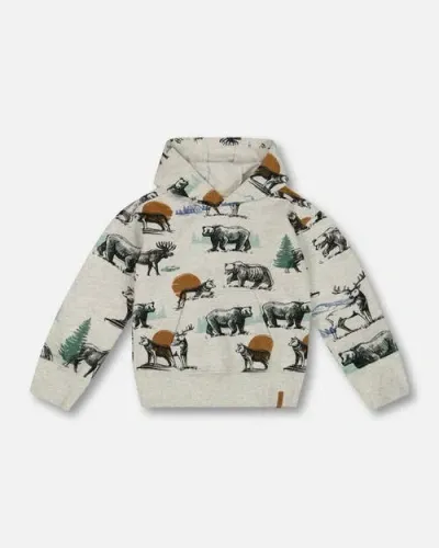 Deux Par Deux Kids'  Boy's Printed Forest Animals Fleece Hooded Sweatshirt Gray Mix In Oatmeal